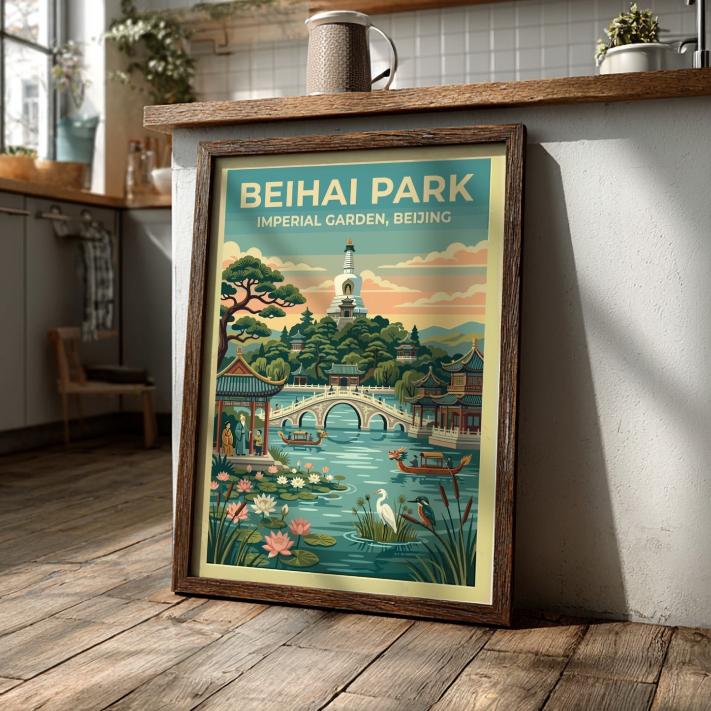 Beihai Park travel poster featuring vintage landscape art with greenery and traditional architecture