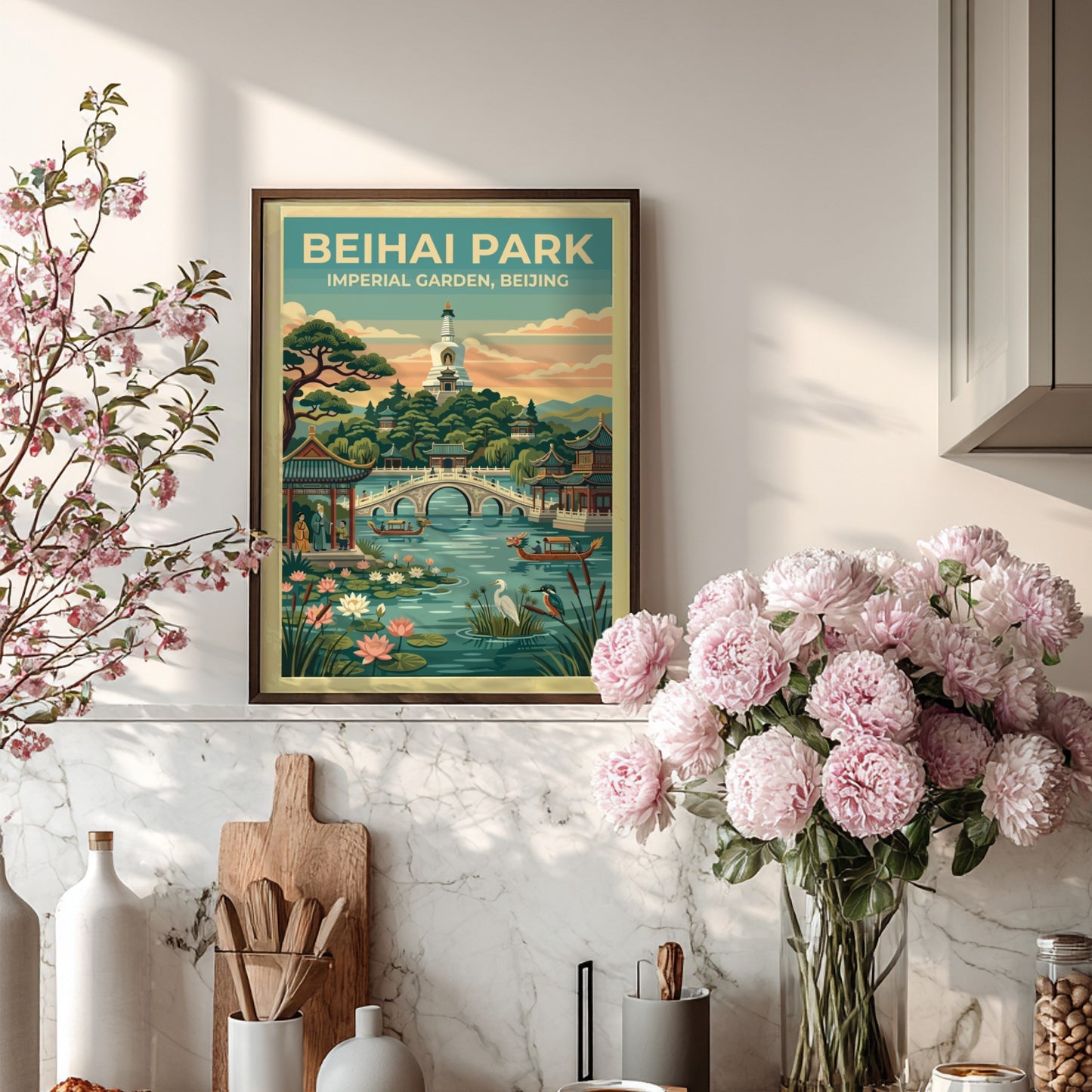 Beihai Park travel poster featuring vintage landscape art with greenery and traditional architecture