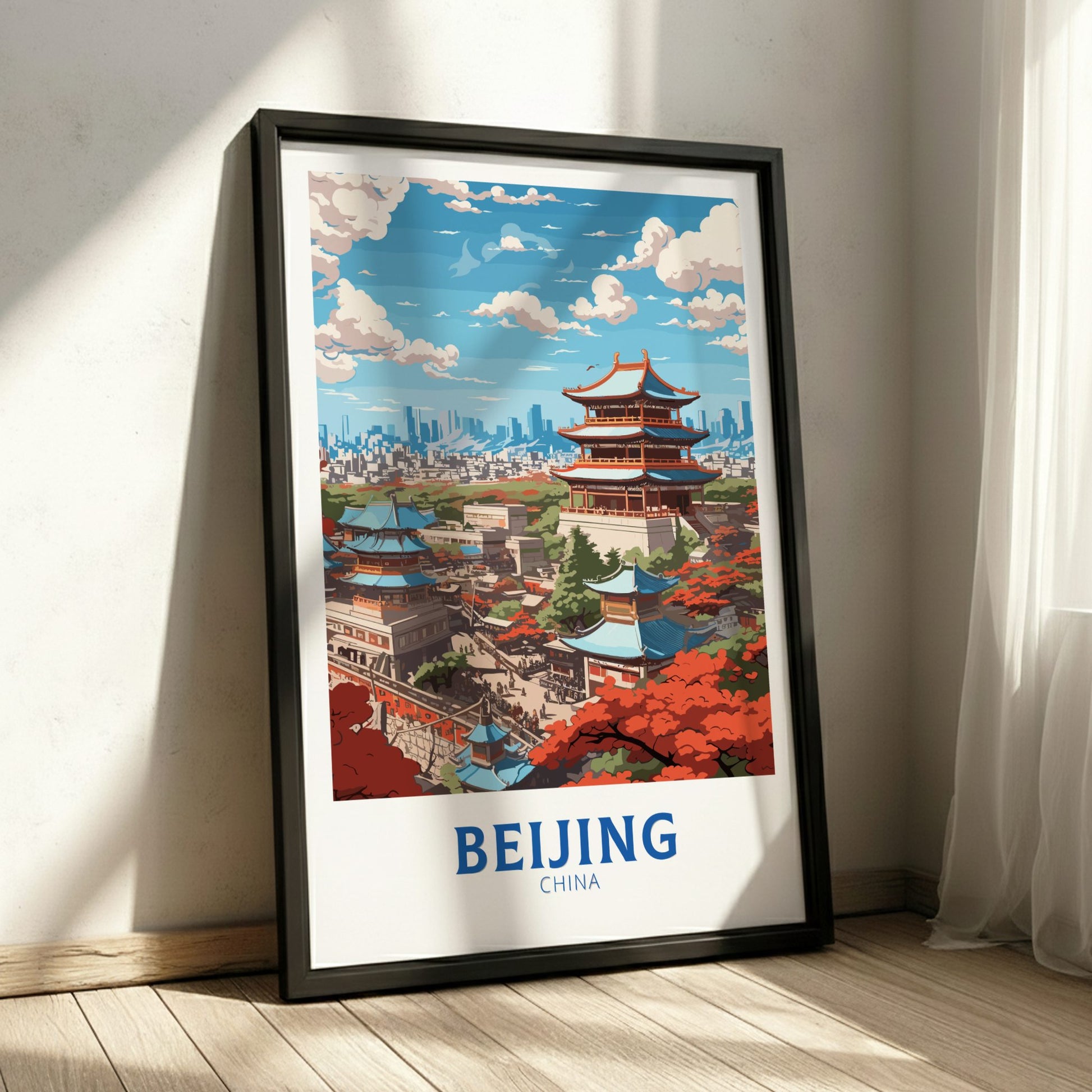Framed poster of Beijing with traditional architecture and modern skyline.
