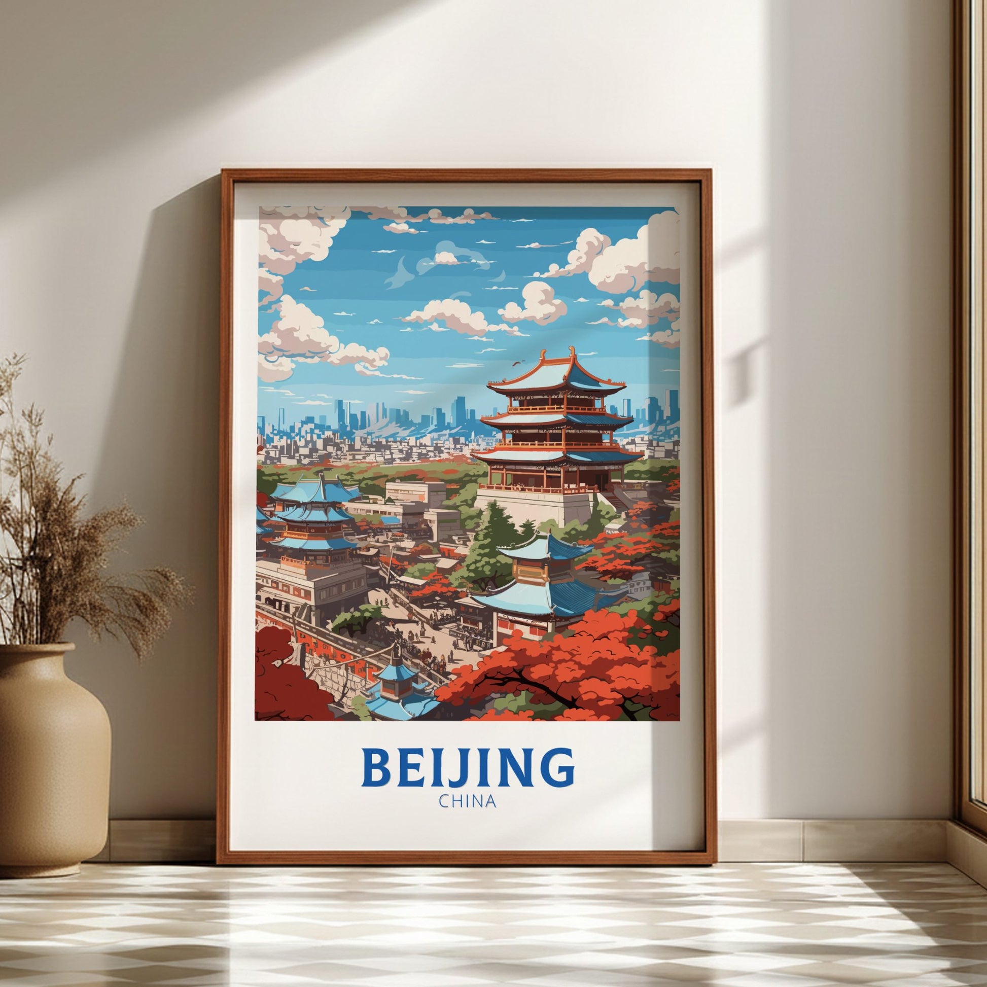 A retro artwork travel print featuring the Forbidden City and Great Wall of Beijing, with a vantage point over the cityscape, in muted red and gold colors, with the text 'BEIJING, CHINA' at the bottom.