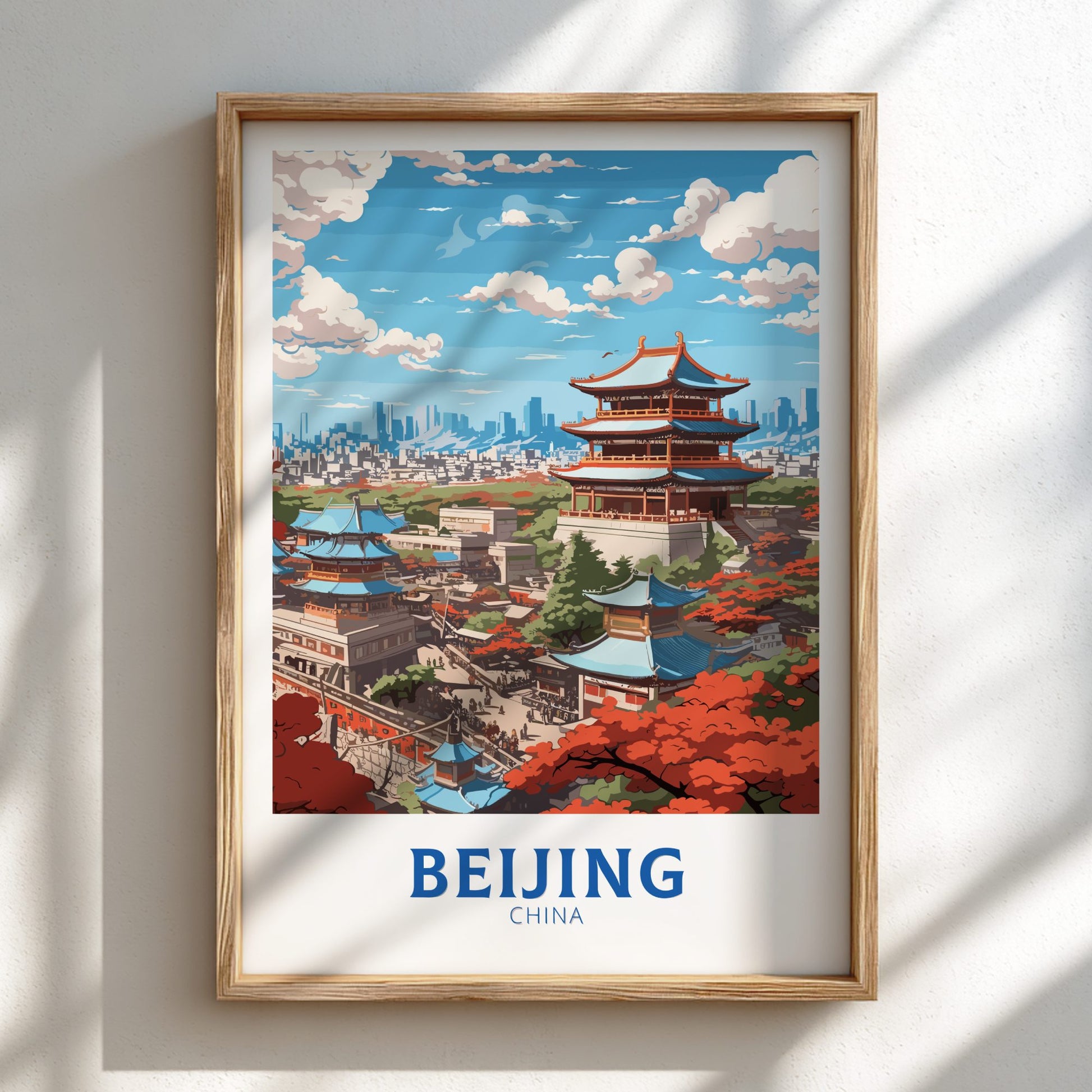 A retro artwork travel print featuring the Forbidden City and Great Wall of Beijing, with a vantage point over the cityscape, in muted red and gold colors, with the text 'BEIJING, CHINA' at the bottom.