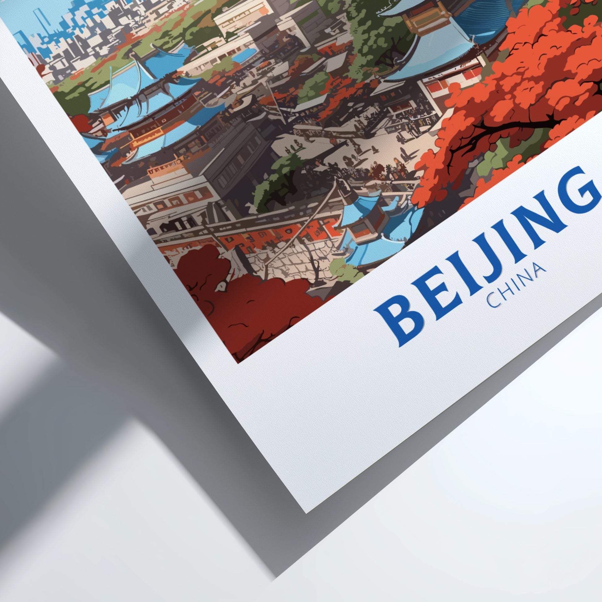 Poster of Beijing with colorful illustration and 'Beijing China' text.