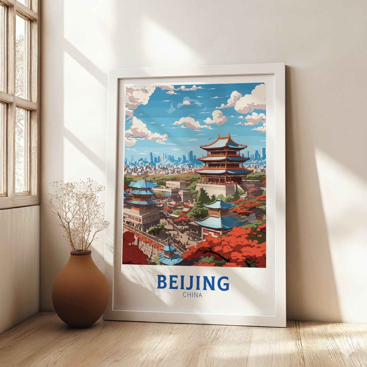 Framed artwork of Beijing, China with a cityscape and traditional architecture in a bright room.