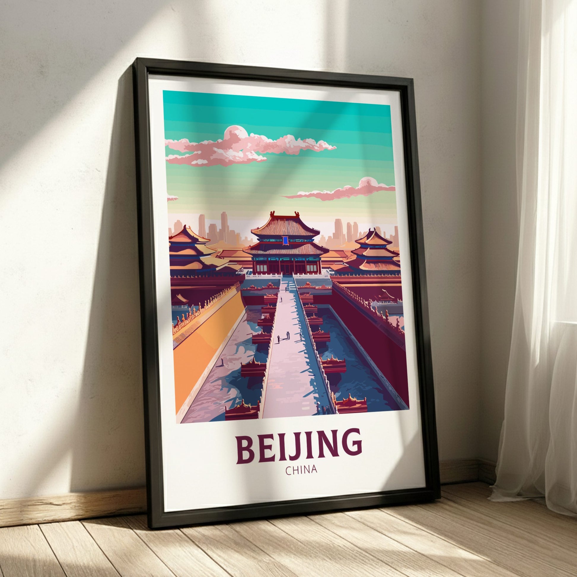 Framed poster of Beijing, China with a scenic view and 'Beijing China' text.