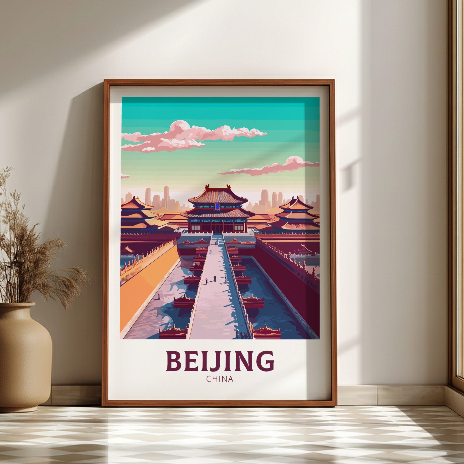 Framed poster of Beijing, China with traditional architecture on a wall.