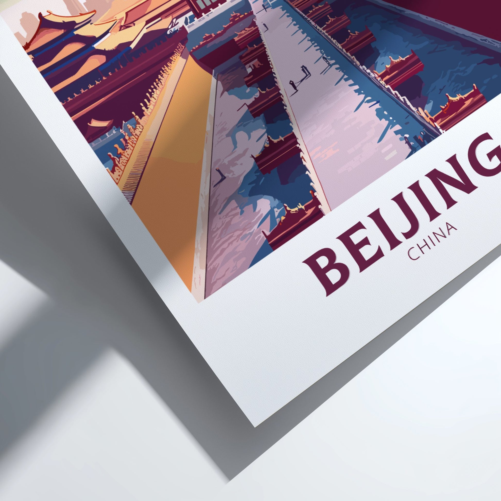 Colorful poster of Beijing with traditional architecture on a white background