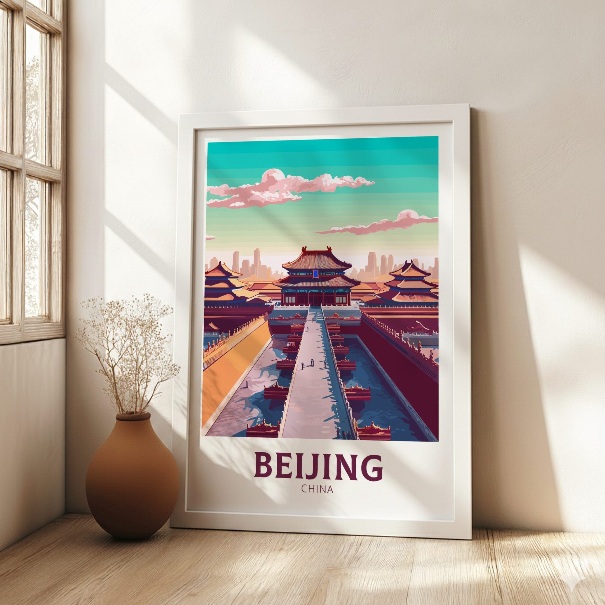Framed poster of Beijing, China with a temple design in a room with a vase and window.