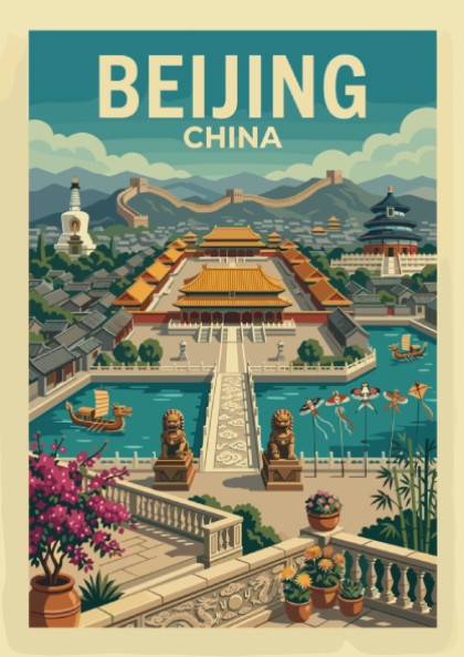 Vintage Beijing China travel poster featuring the Forbidden City in a retro illustration style.
