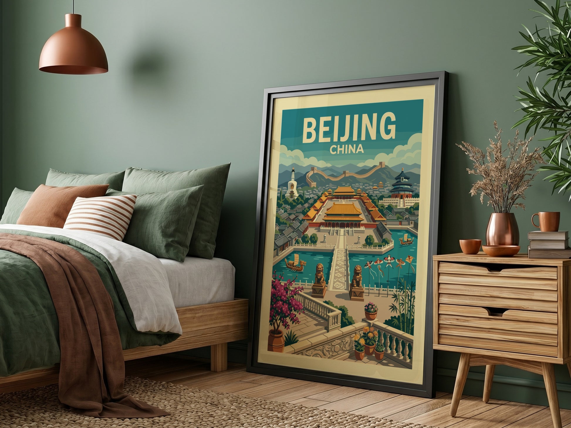 Vintage Beijing China travel poster featuring the Forbidden City in a retro illustration style.
