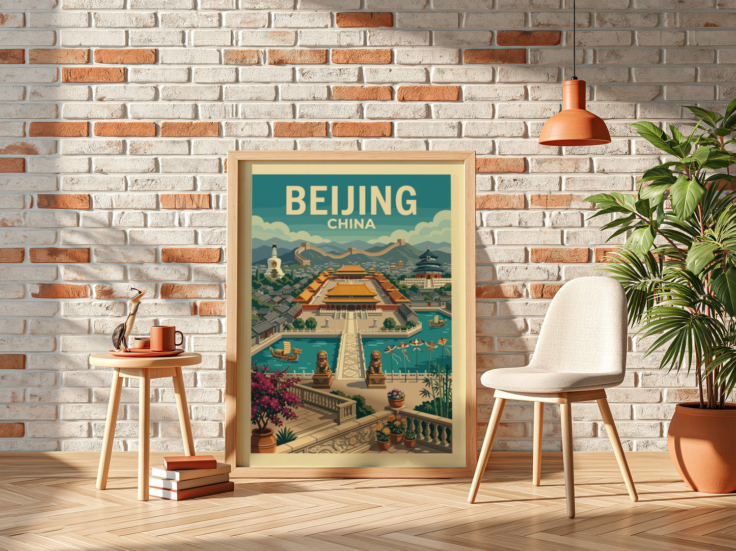 Vintage Beijing China travel poster featuring the Forbidden City in a retro illustration style.