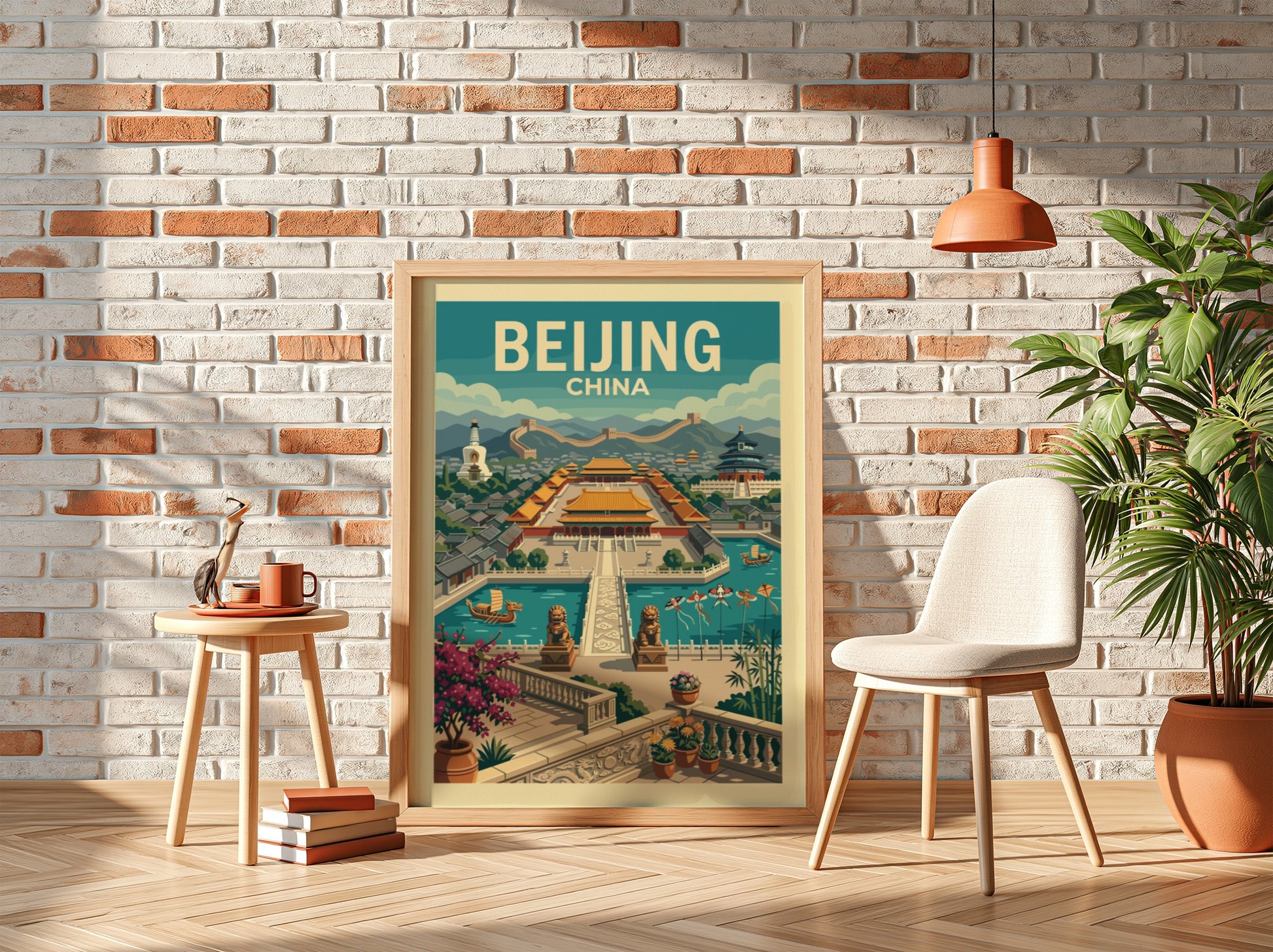 Vintage Beijing China travel poster featuring the Forbidden City in a retro illustration style.