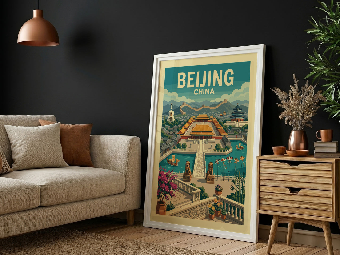 Vintage Beijing China travel poster featuring the Forbidden City in a retro illustration style.