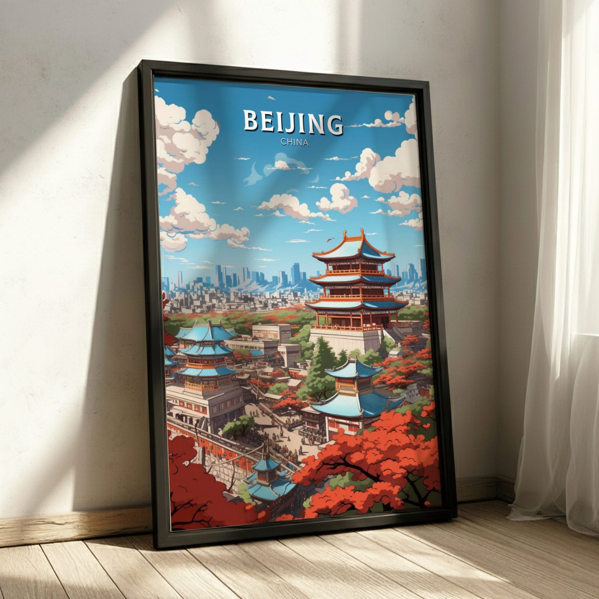 Framed poster of Beijing with traditional architecture and modern skyline.
