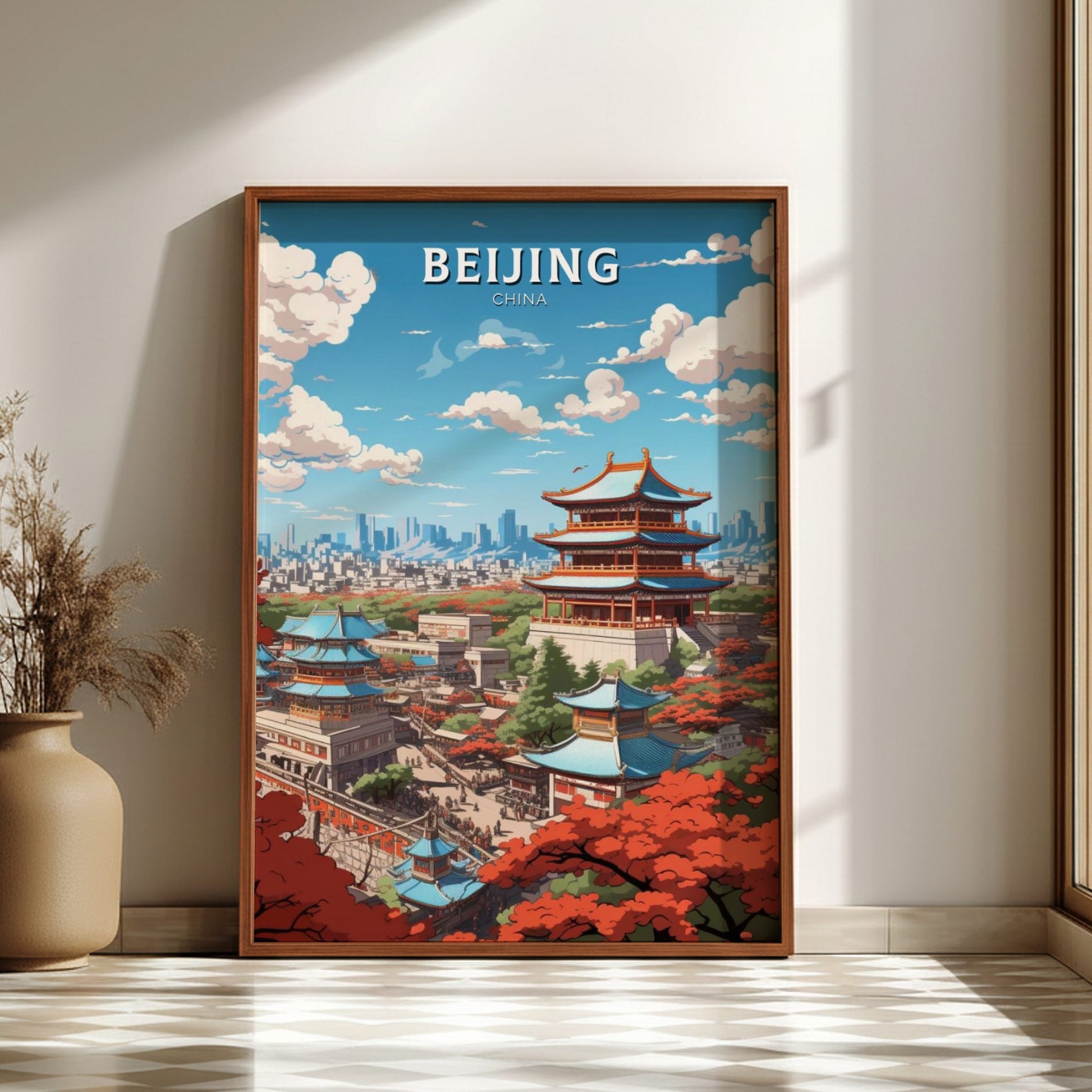 Framed poster of Beijing with traditional architecture and modern skyline.