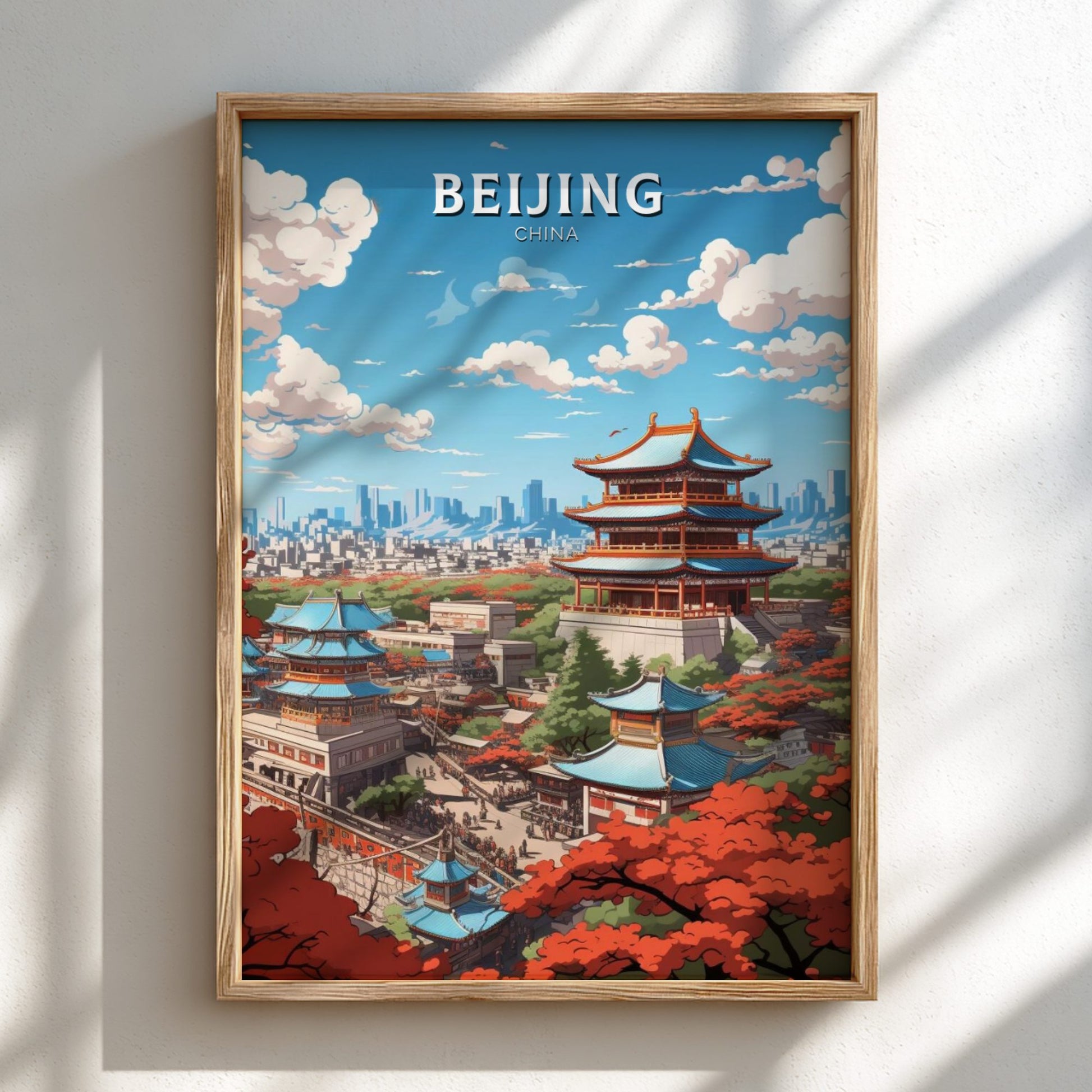 Framed poster of Beijing with traditional Chinese architecture and modern skyline.