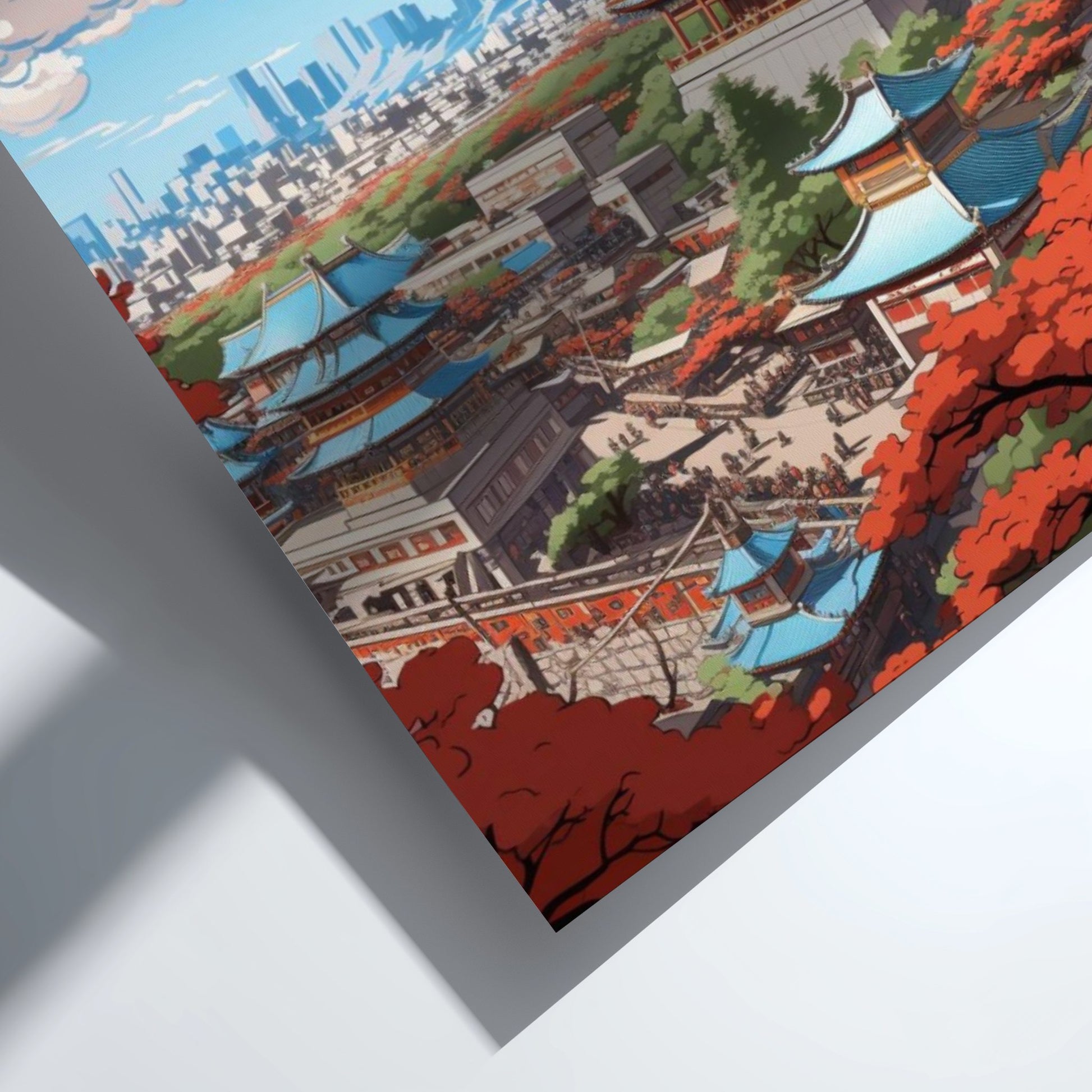 Colorful illustration of a traditional Japanese scene with buildings and trees on a white background