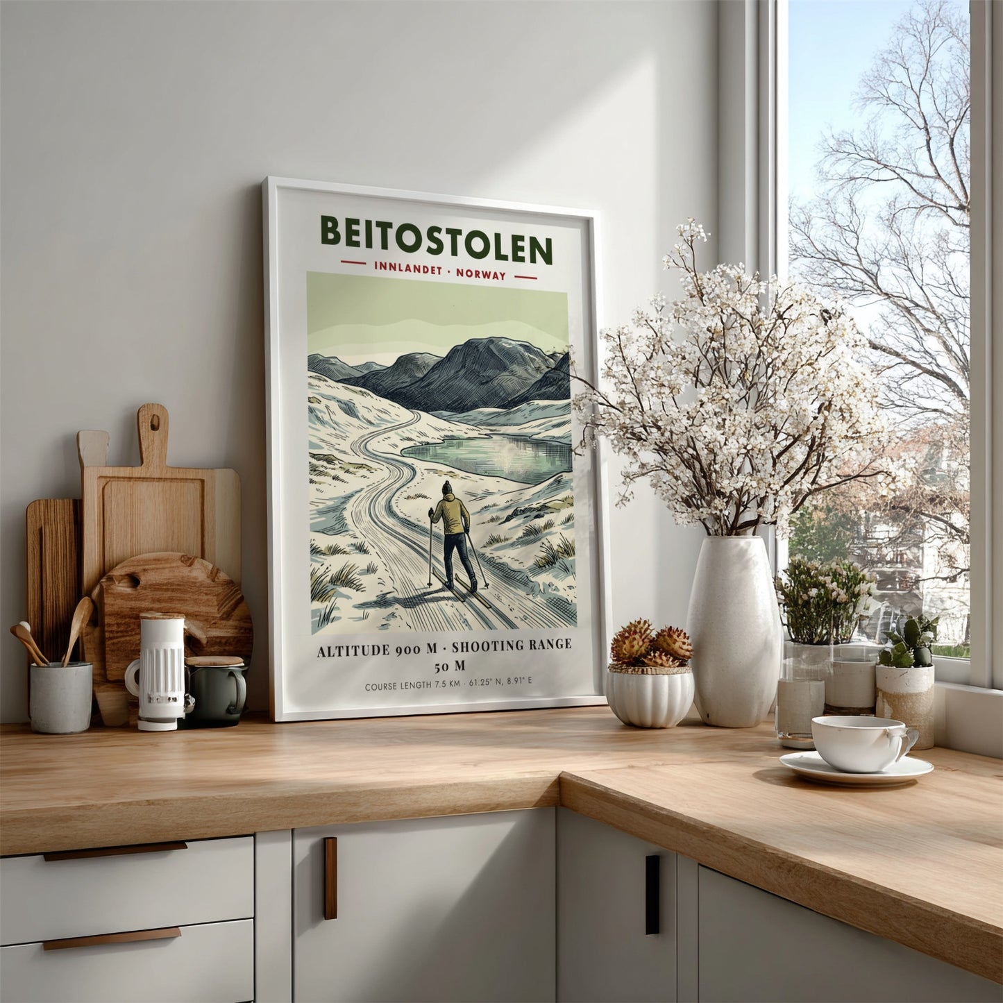 Poster featuring a cross-country skier in Beitostolen Norway with mountains and a lake.
