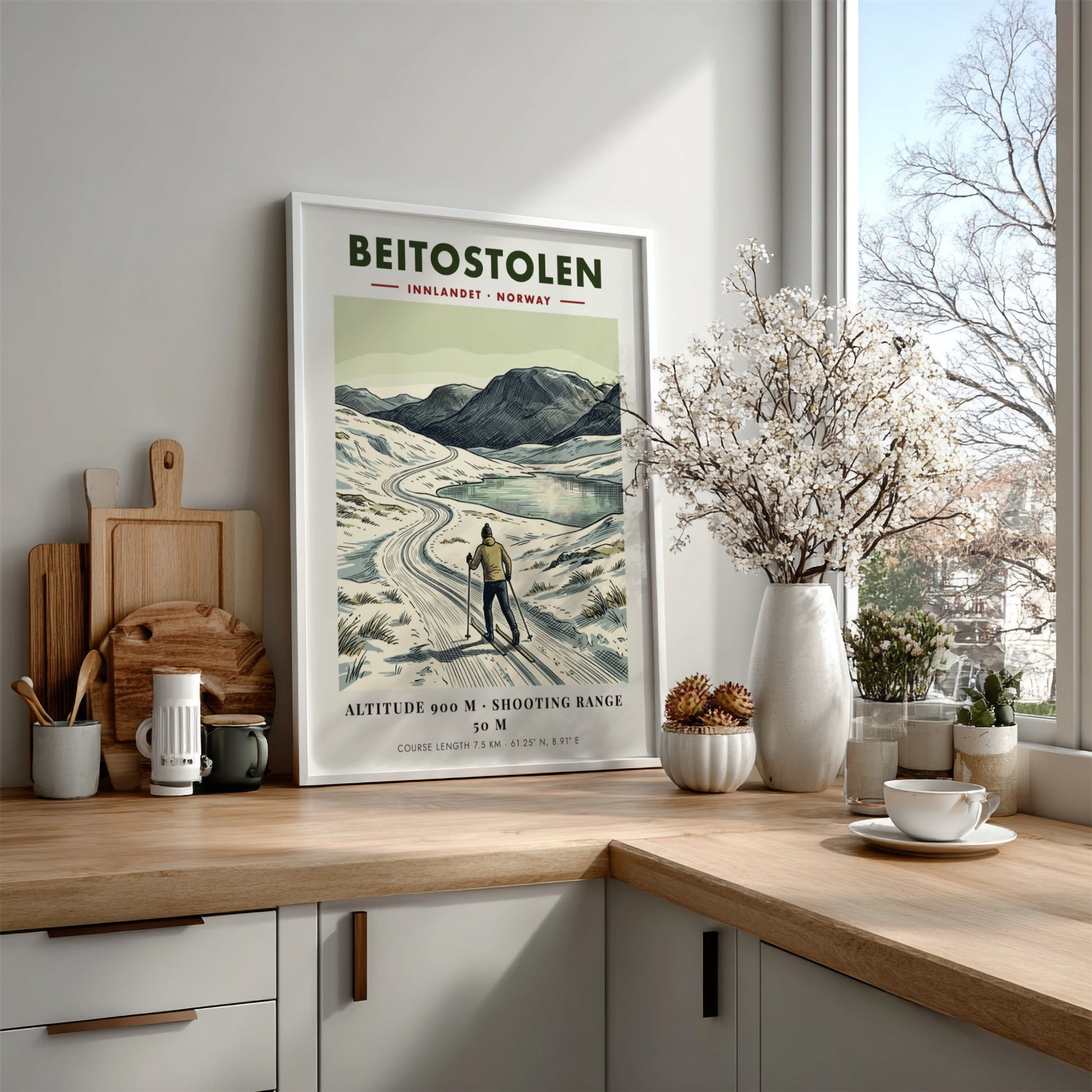 Poster featuring a cross-country skier in Beitostolen Norway with mountains and a lake.