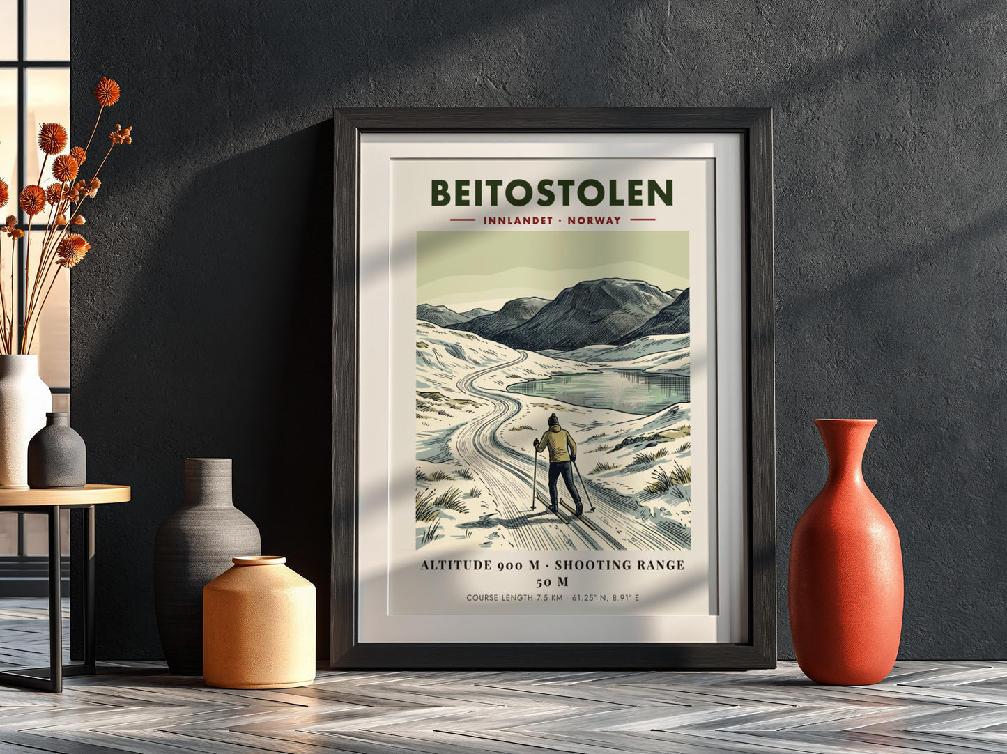 Poster featuring a cross-country skier in Beitostolen Norway with mountains and a lake.