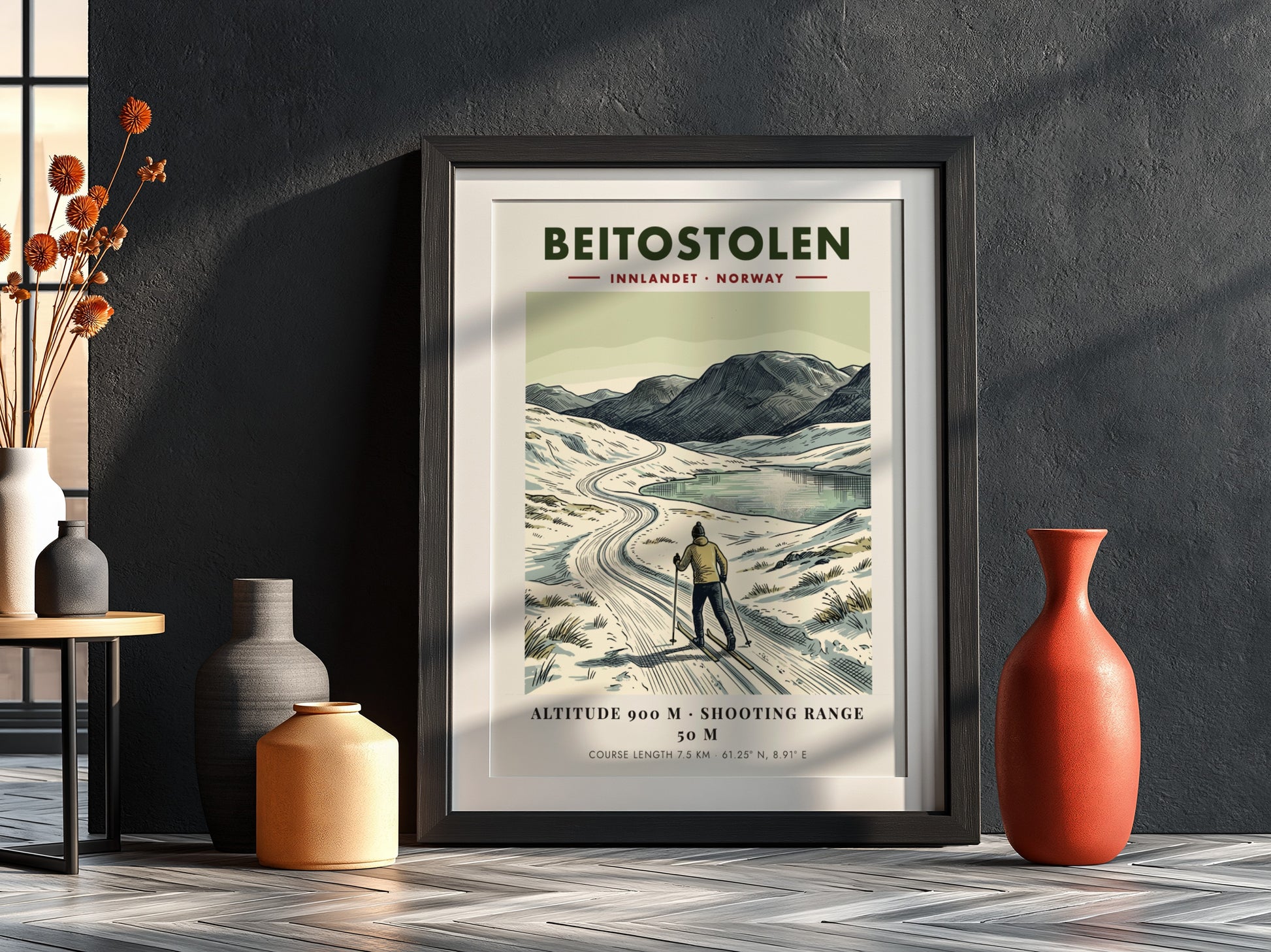 Poster featuring a cross-country skier in Beitostolen Norway with mountains and a lake.