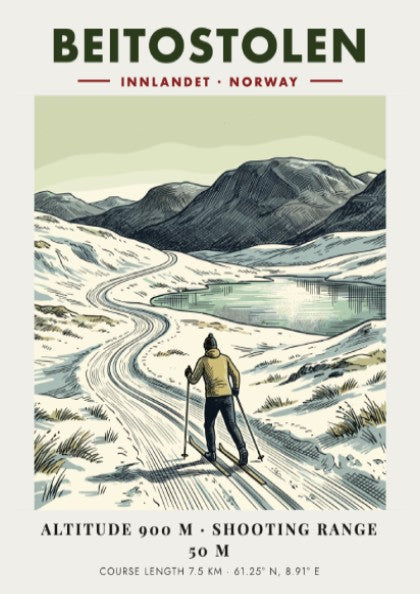 Poster featuring a cross-country skier in Beitostolen Norway with mountains and a lake.