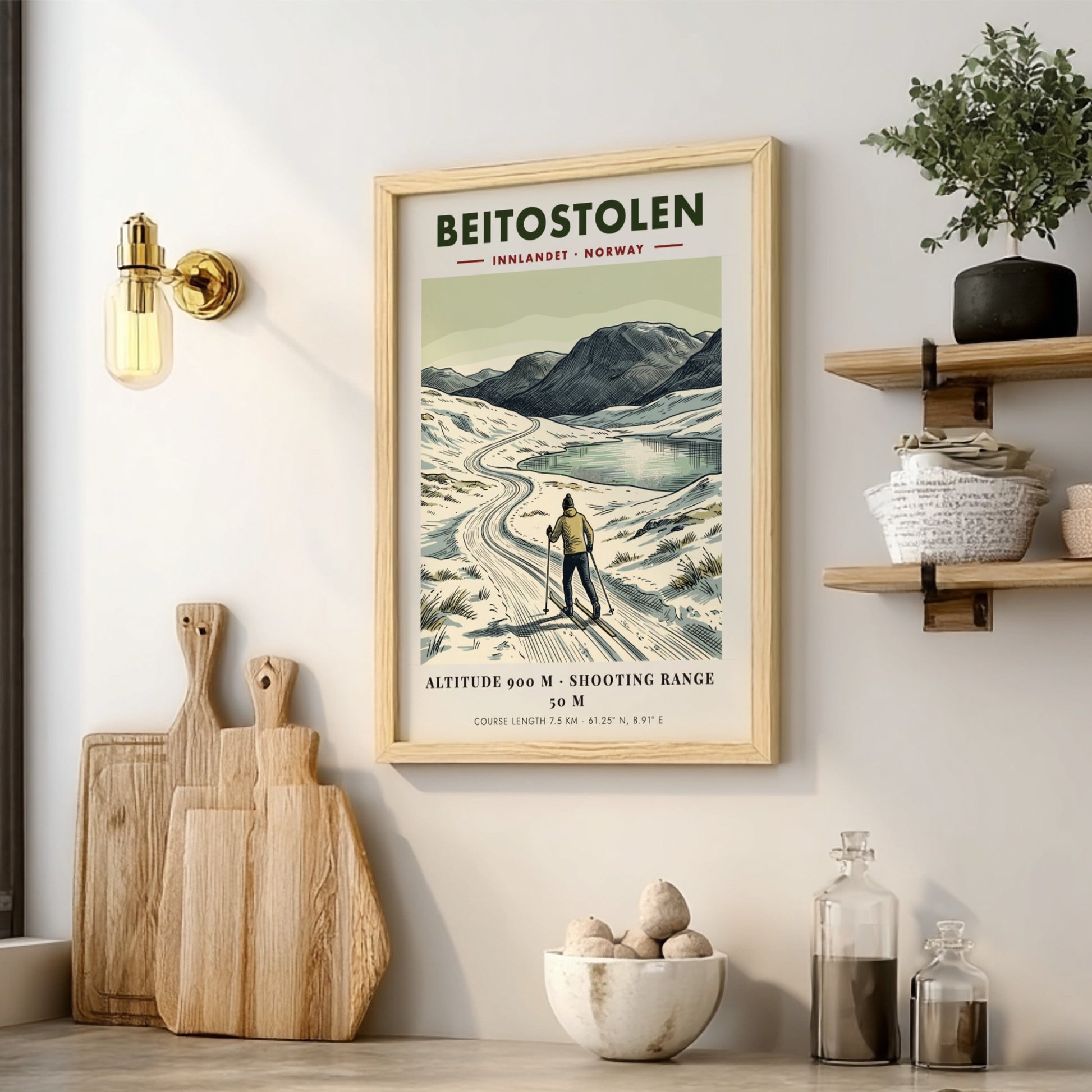Poster featuring a cross-country skier in Beitostolen Norway with mountains and a lake.