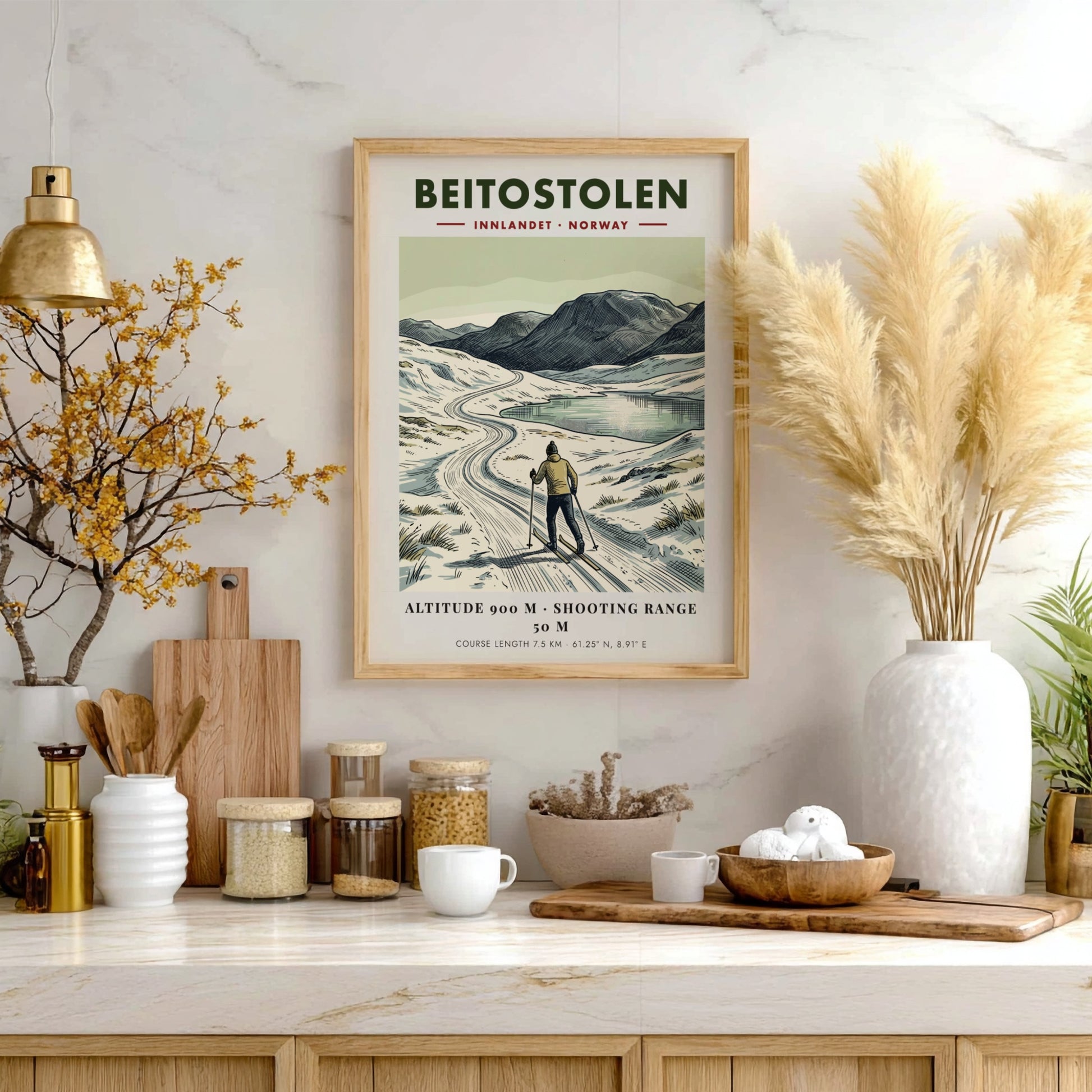 Poster featuring a cross-country skier in Beitostolen Norway with mountains and a lake.