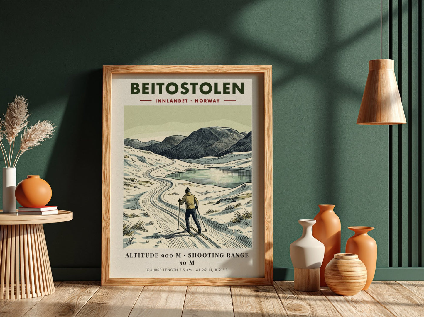 Poster featuring a cross-country skier in Beitostolen Norway with mountains and a lake.