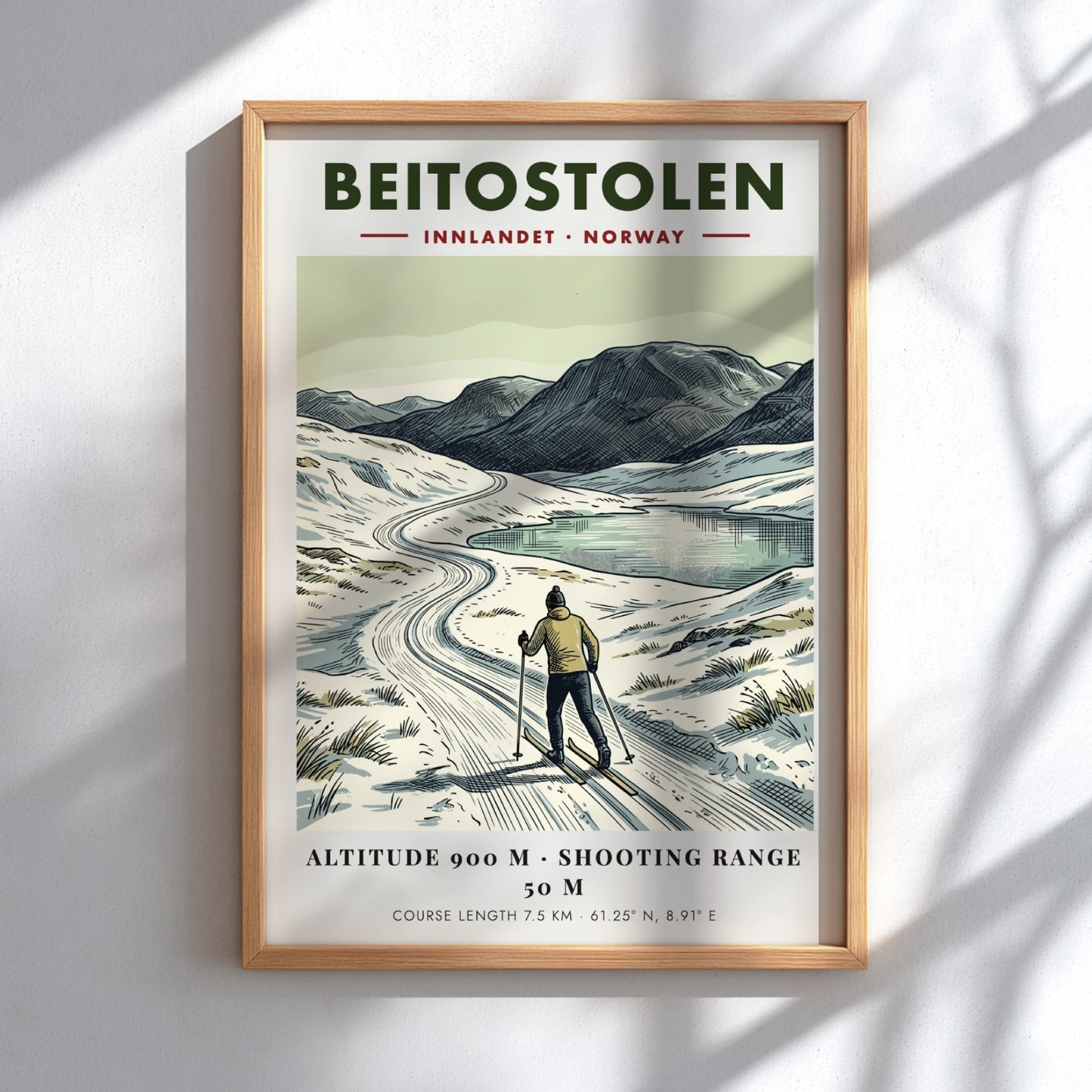 Poster featuring a cross-country skier in Beitostolen Norway with mountains and a lake.