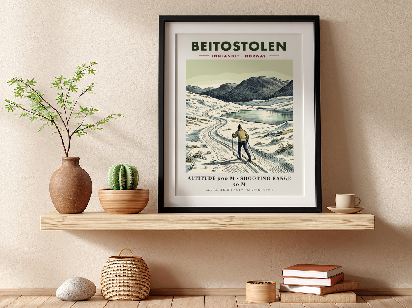 Poster featuring a cross-country skier in Beitostolen Norway with mountains and a lake.