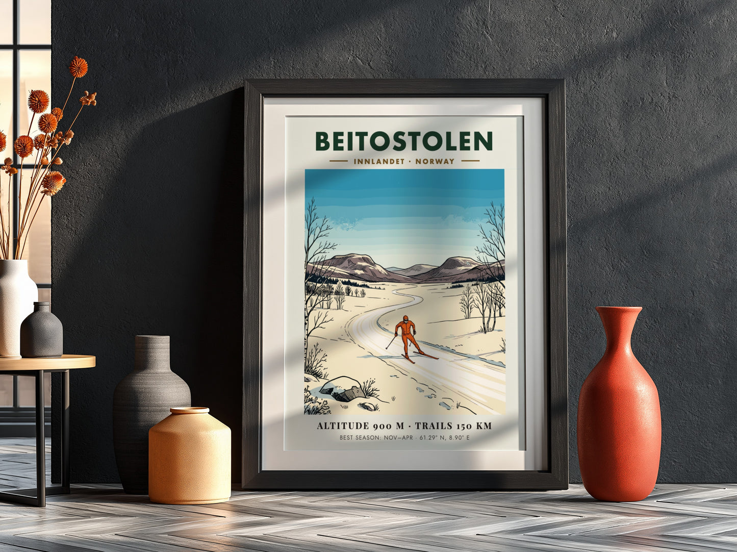 Poster of a cross-country skier in Beitostolen Norway with snowy mountains and trees.