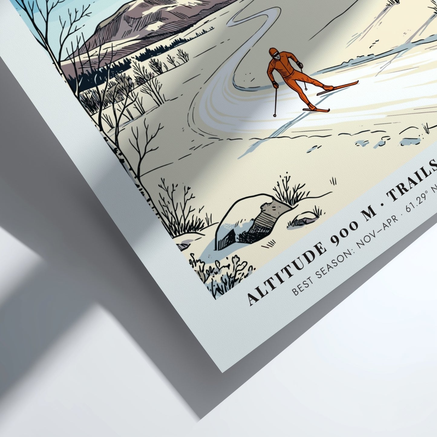 Poster of a cross-country skier in Beitostolen Norway with snowy mountains and trees.