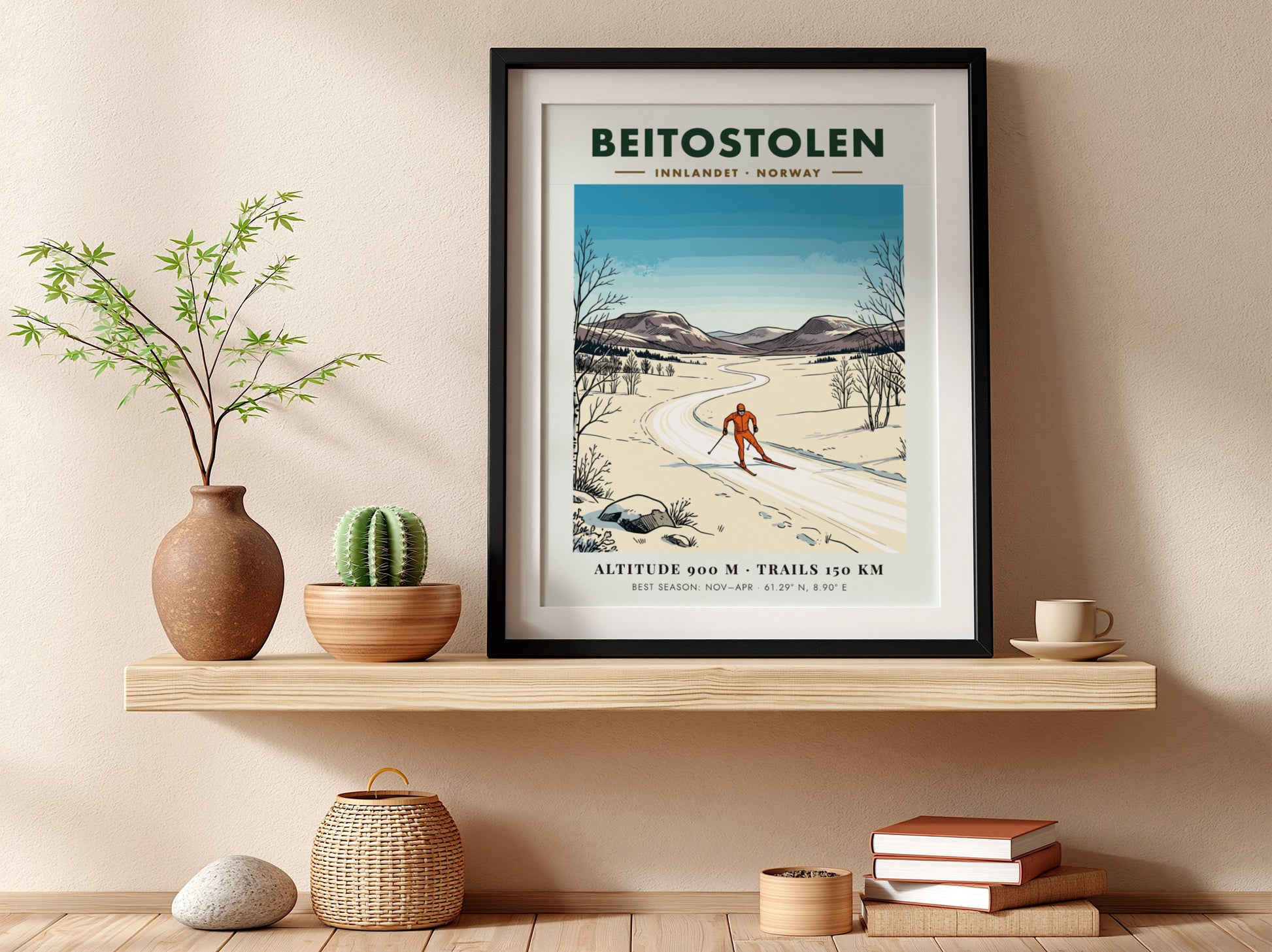 Poster of a cross-country skier in Beitostolen Norway with snowy mountains and trees.