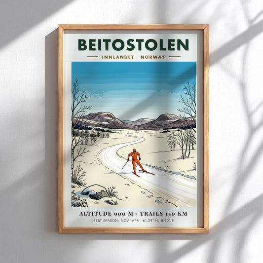 Poster of a cross-country skier in Beitostolen Norway with snowy mountains and trees.