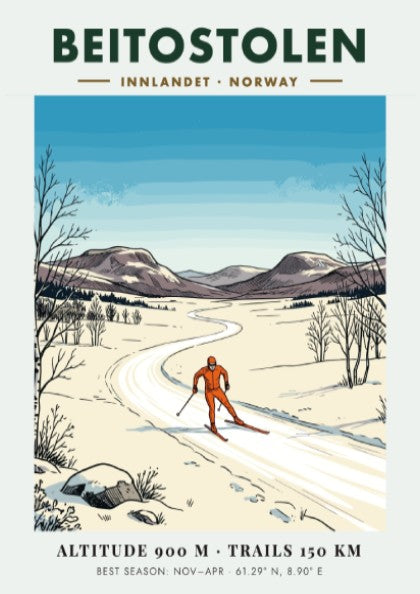 Poster of a cross-country skier in Beitostolen Norway with snowy mountains and trees.