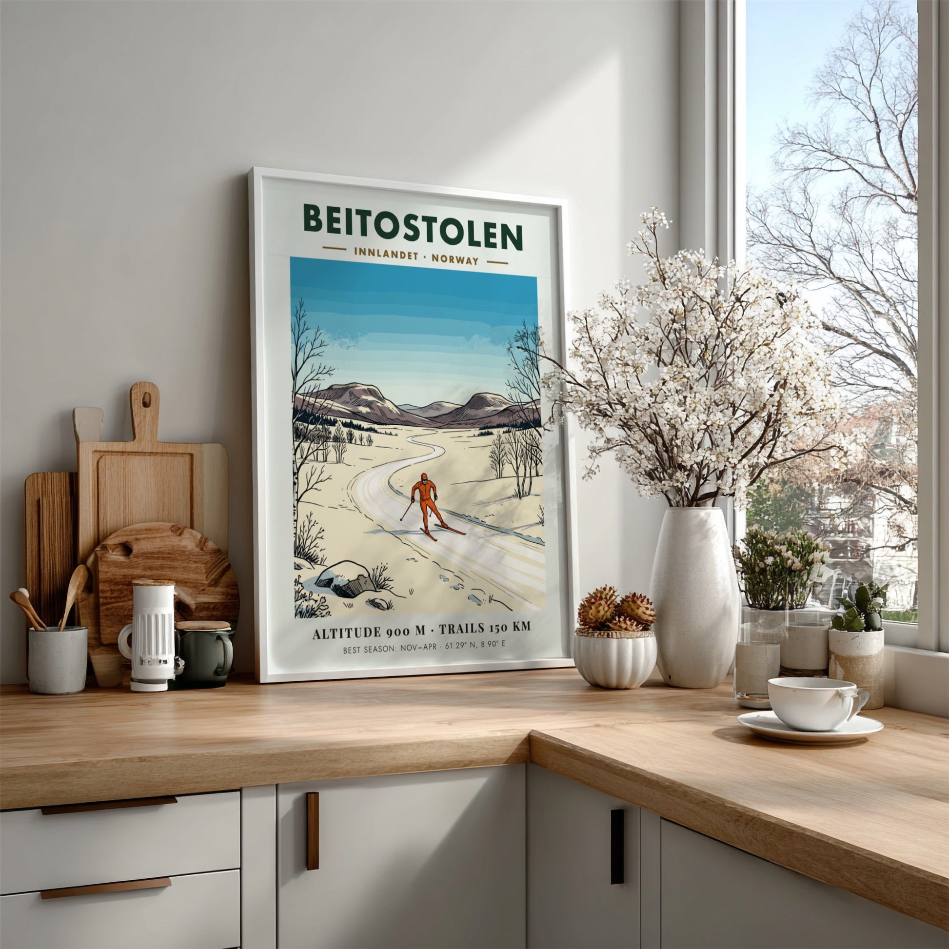 Poster of a cross-country skier in Beitostolen Norway with snowy mountains and trees.