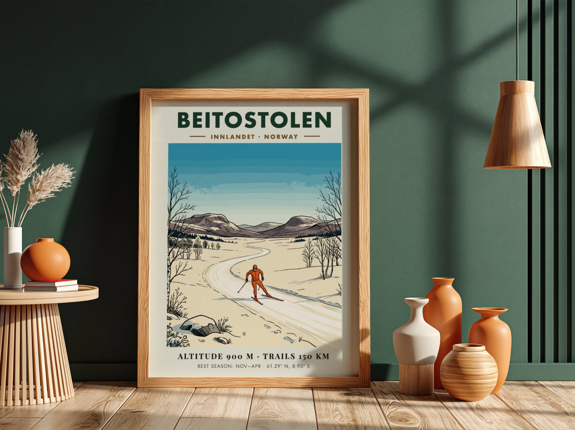 Poster of a cross-country skier in Beitostolen Norway with snowy mountains and trees.
