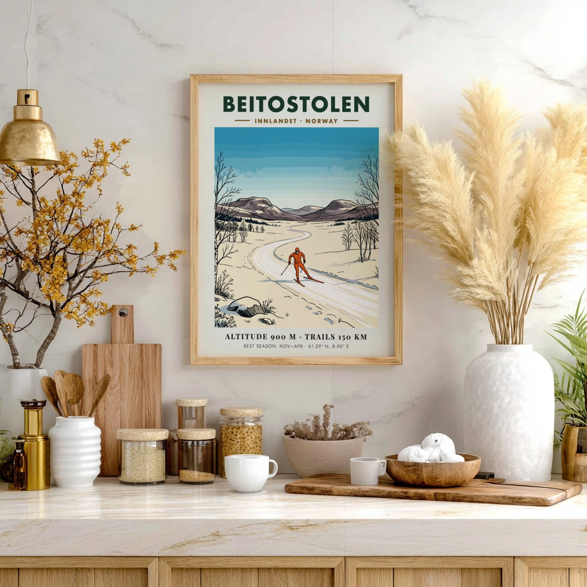 Poster of a cross-country skier in Beitostolen Norway with snowy mountains and trees.