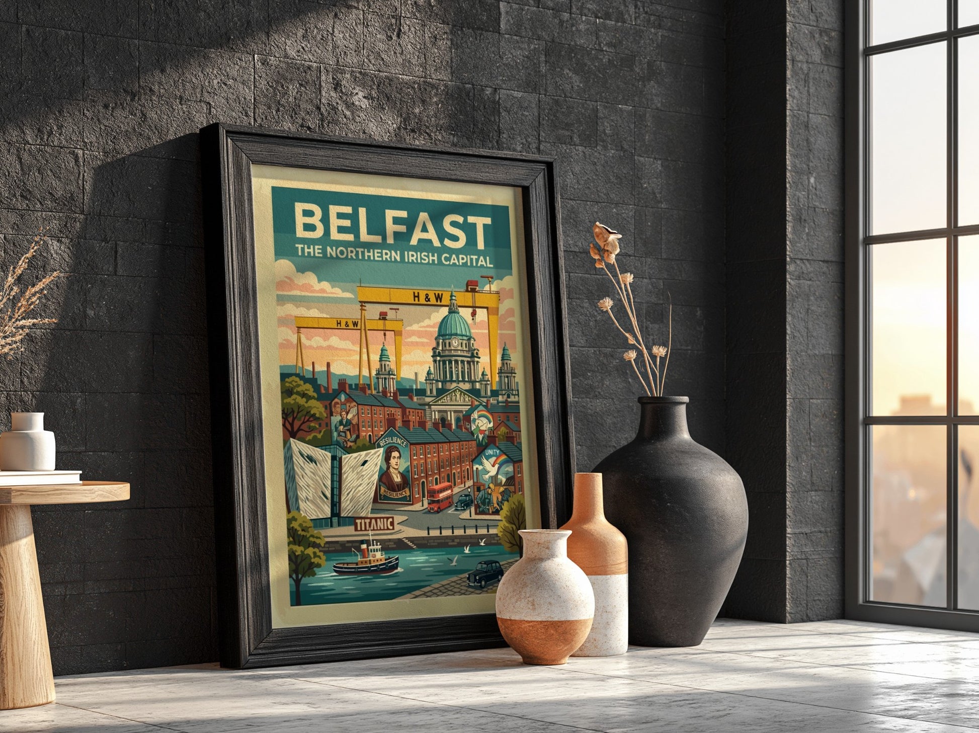 Travel poster of Belfast featuring yellow cranes, city buildings, and a red bus.