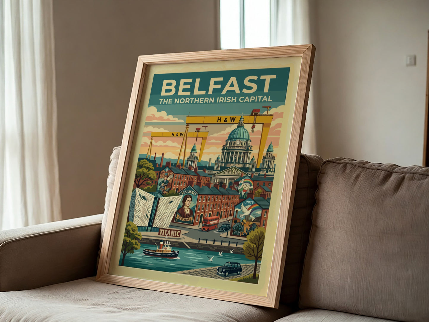Travel poster of Belfast featuring yellow cranes, city buildings, and a red bus.