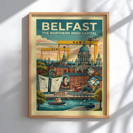 Travel poster of Belfast featuring yellow cranes, city buildings, and a red bus.