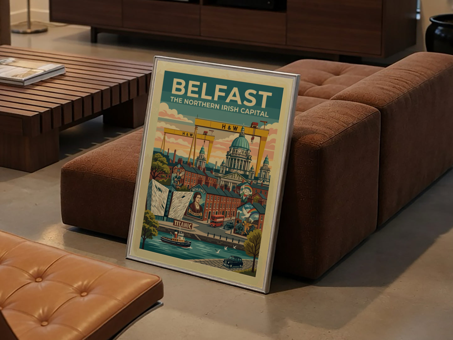 Travel poster of Belfast featuring yellow cranes, city buildings, and a red bus.