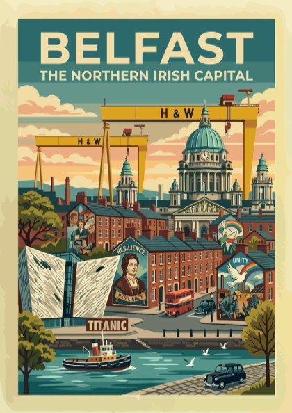 Travel poster of Belfast featuring yellow cranes, city buildings, and a red bus.
