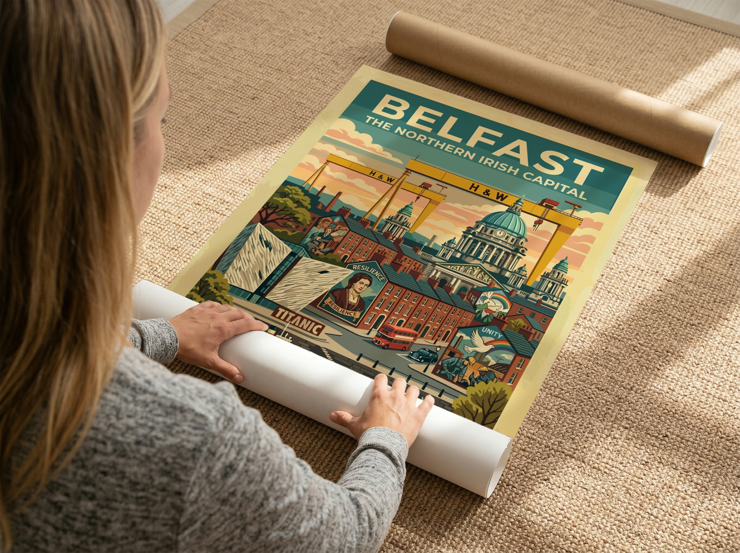 Travel poster of Belfast featuring yellow cranes, city buildings, and a red bus.