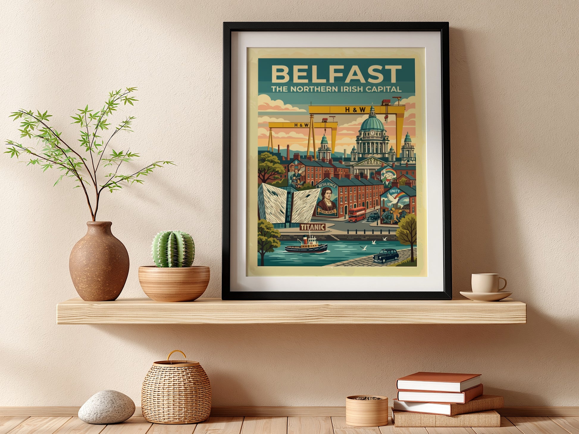 Travel poster of Belfast featuring yellow cranes, city buildings, and a red bus.