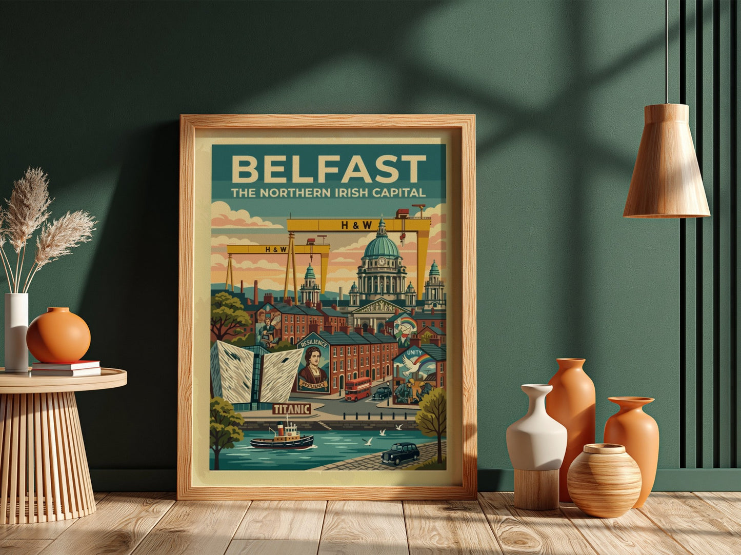 Travel poster of Belfast featuring yellow cranes, city buildings, and a red bus.