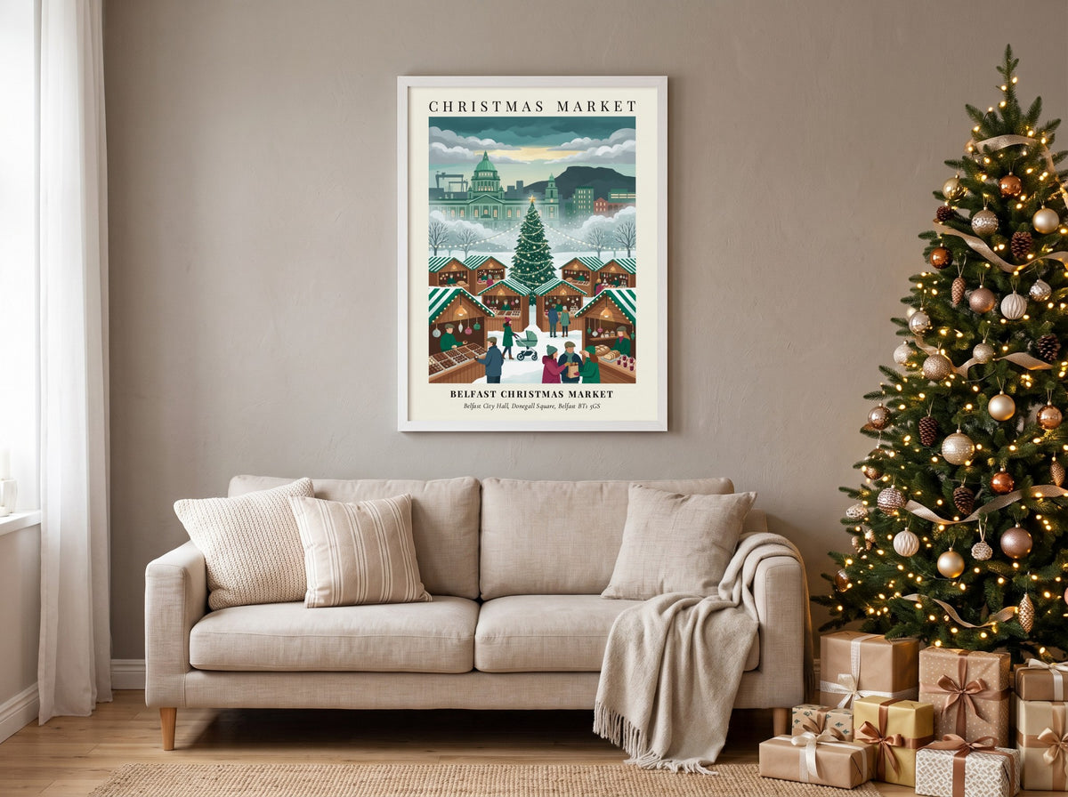 Poster of Belfast Christmas Market at City Hall with stalls and festive holiday shoppers.