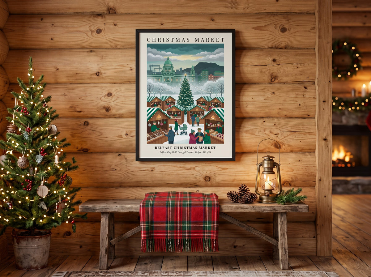 Poster of Belfast Christmas Market at City Hall with stalls and festive holiday shoppers.