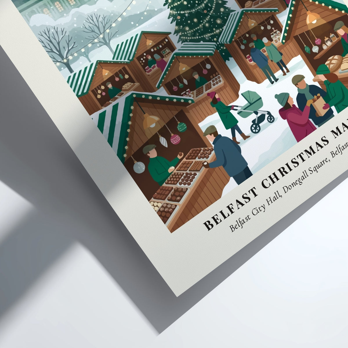 Poster of Belfast Christmas Market at City Hall with stalls and festive holiday shoppers.