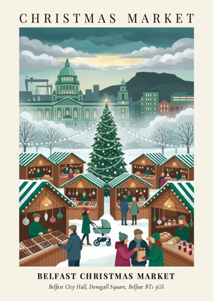Poster of Belfast Christmas Market at City Hall with stalls and festive holiday shoppers.